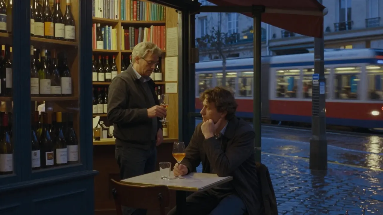A solitary patron enjoying orange wine in a quiet, bookshelf-lined Paris wine bar at twilight.