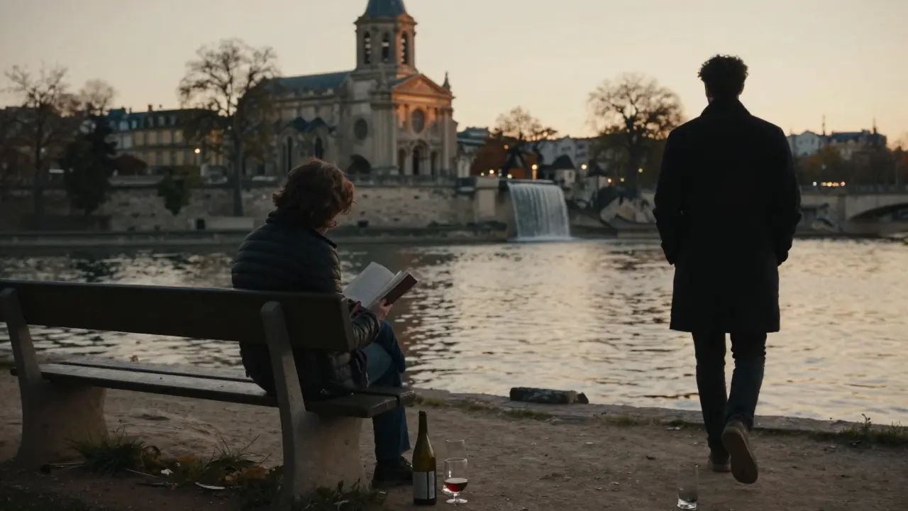 A solitary reader on a park rock at sunset, wine glasses nearby, someone approaching in distance.