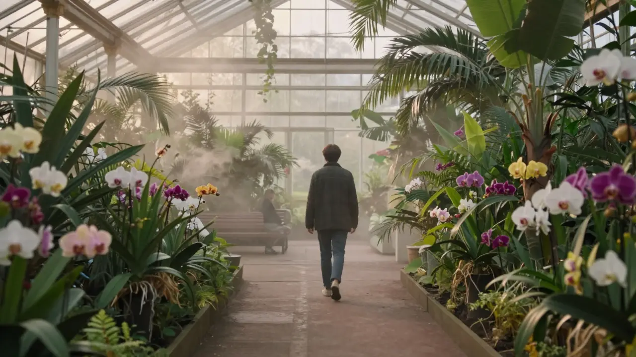 A solitary walker among tropical plants in a Paris botanical garden, with another figure faintly visible in the distance.