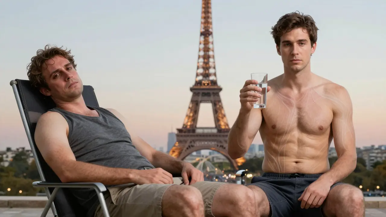 A traveler before and after lymphatic drainage, with reduced swelling and a calm, refreshed demeanor.