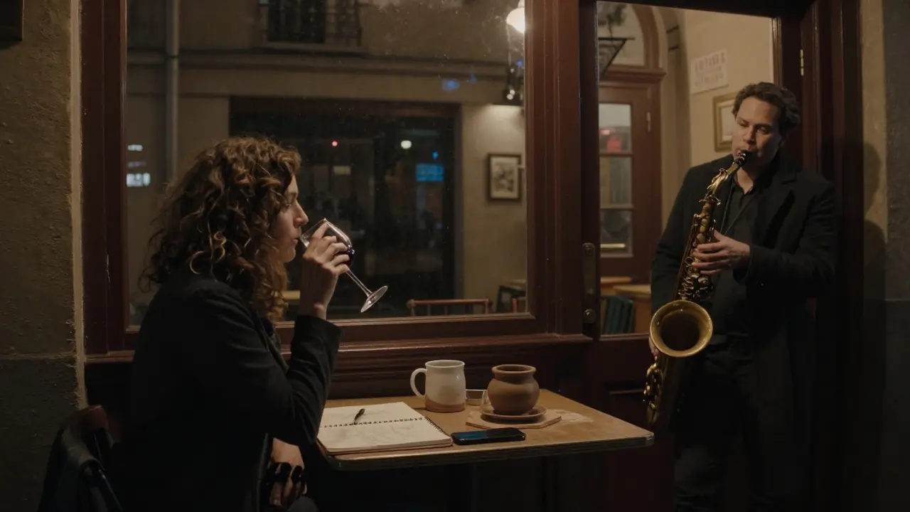 A woman in a jazz bar sketching, with a burner phone and handmade pottery beside her.