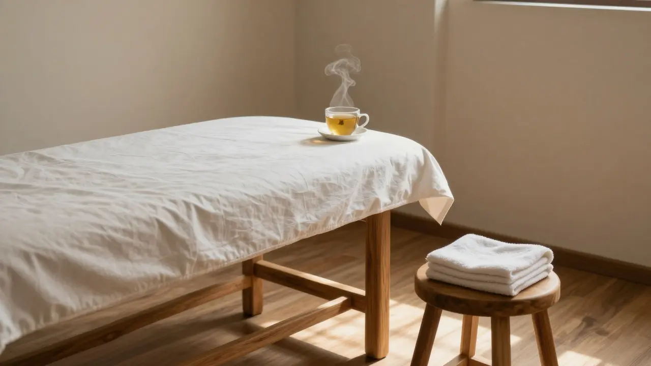 An empty massage room after a session, with a folded towel, herbal tea, and clean linens in quiet, sunlit stillness.