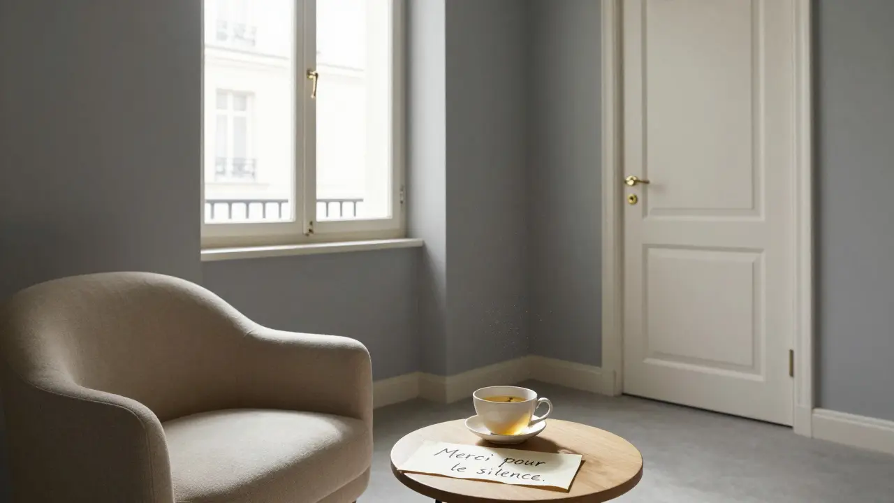 An empty waiting room in a discreet Paris massage studio with a cup of tea and a handwritten note, exuding calm and privacy.
