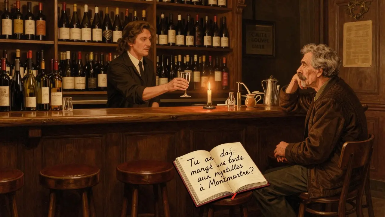 An intimate wine bar scene in Paris with a barista serving a guest, candlelit and filled with quiet cultural exchange.
