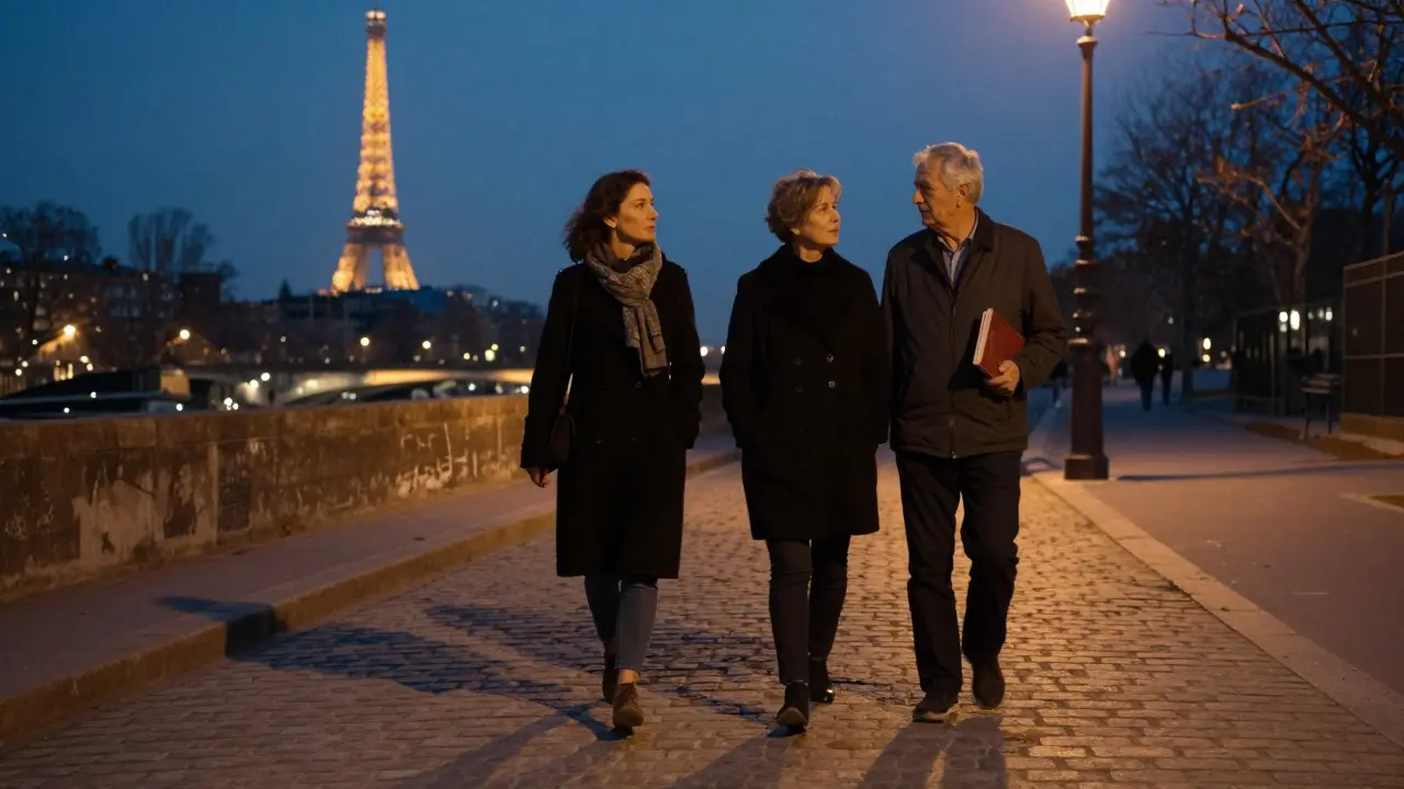 An older woman and man walking peacefully along the Seine at dusk, Eiffel Tower in the distance.