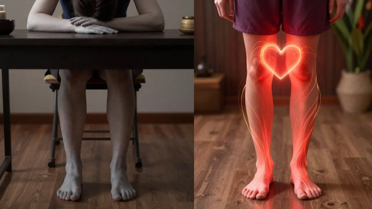 Before-and-after visual of circulation improvement: cold, stiff body transformed into warm, energized posture.