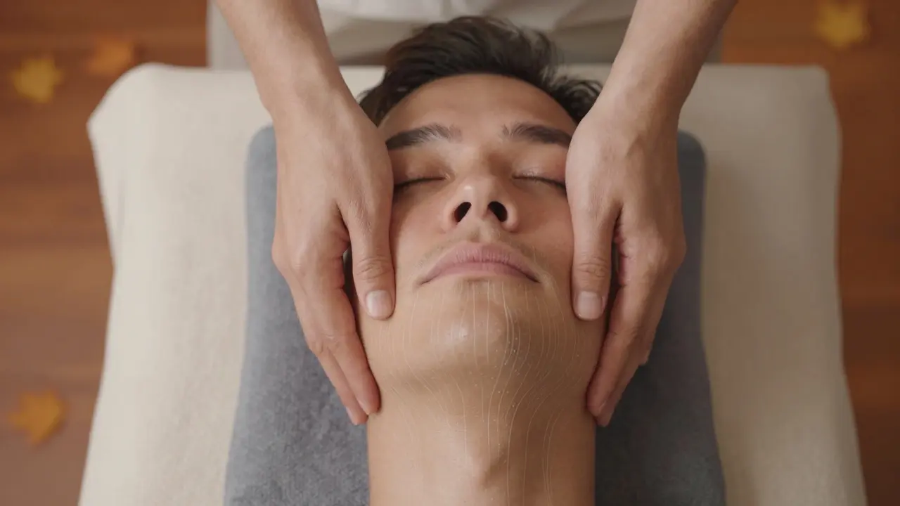 Close-up of delicate hands performing cranial massage, with subtle fluid-like lines suggesting calm energy beneath the skin.