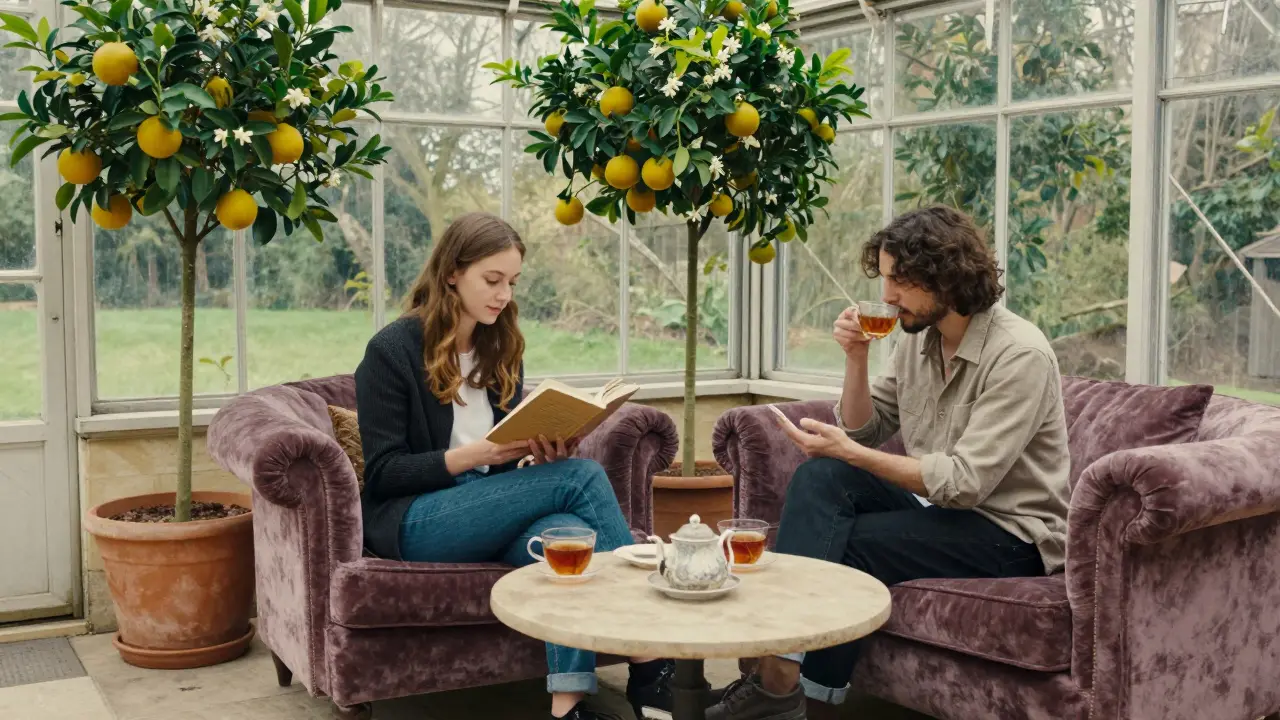 Couples relaxing in a greenhouse greenhouse with books and tea, natural light, no technology, serene atmosphere.