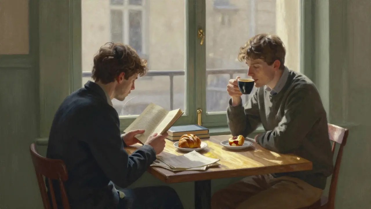 Couples sitting at a café in the Marais, reading books and sharing coffee, no screens, morning light.