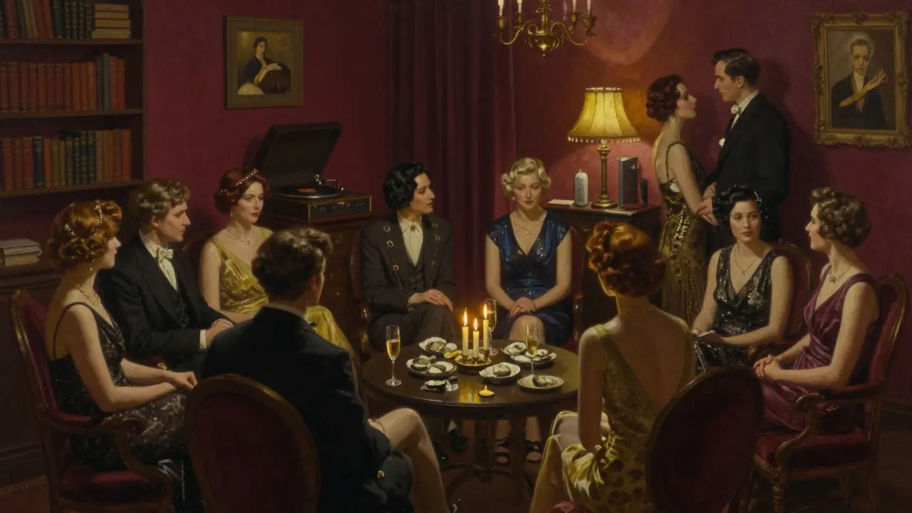 Elegant 1920s Paris apartment gathering with candlelight, jazz, and quiet couples, no nudity, refined mood.