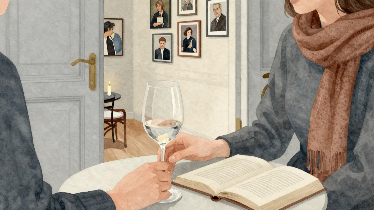 Empty Parisian room with wine glass, scarf, and open door—symbolizing trust, silence, and unspoken connection.