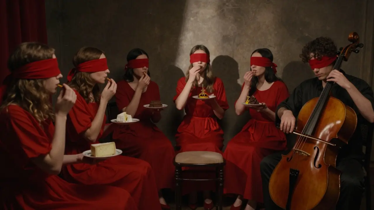 Five guests in red, blindfolded, experience a sensory evening with cheese, chocolate, and cello music.