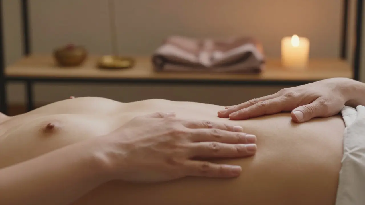 Gentle hands on a abdomen and ribcage, synchronizing with slow, deep breathing.