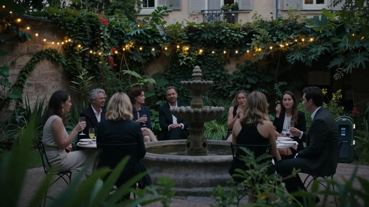 Guests mingling in a private Parisian garden at dusk, phones locked away, dressed in sophisticated attire.