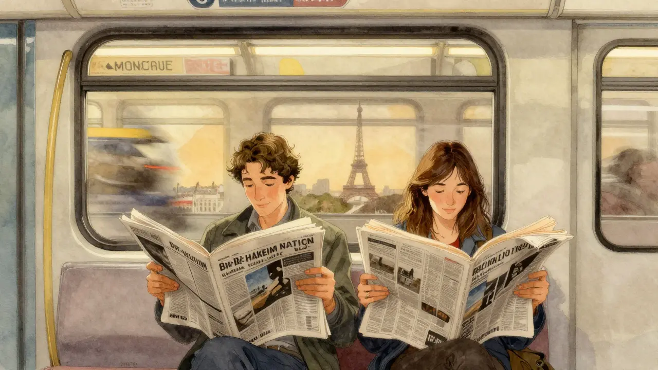 Strangers sit side by side on a Paris metro train, reading the same newspaper in quiet connection.