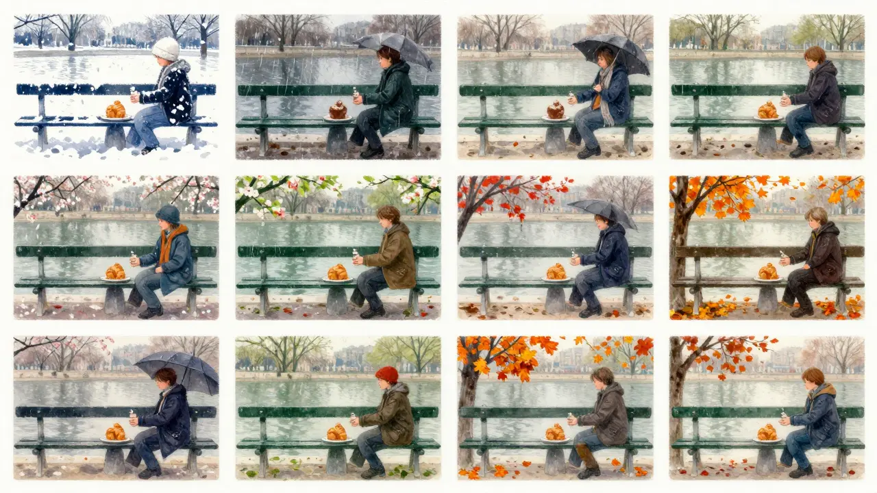 Ten quiet morning scenes on the same bench by the canal, showing changing seasons and shared gestures.