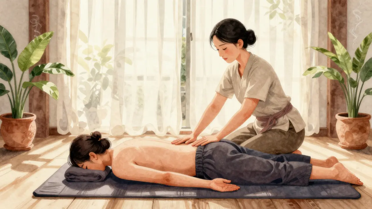 Therapist performing Thai massage on a client in a quiet Le Marais room with sunlight and plants.