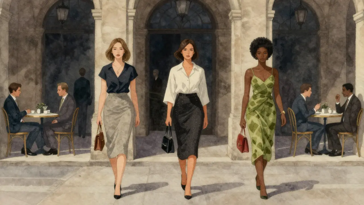 Three international women walking silently through the Palais-Royal arcades at night, each alone yet connected by circumstance.