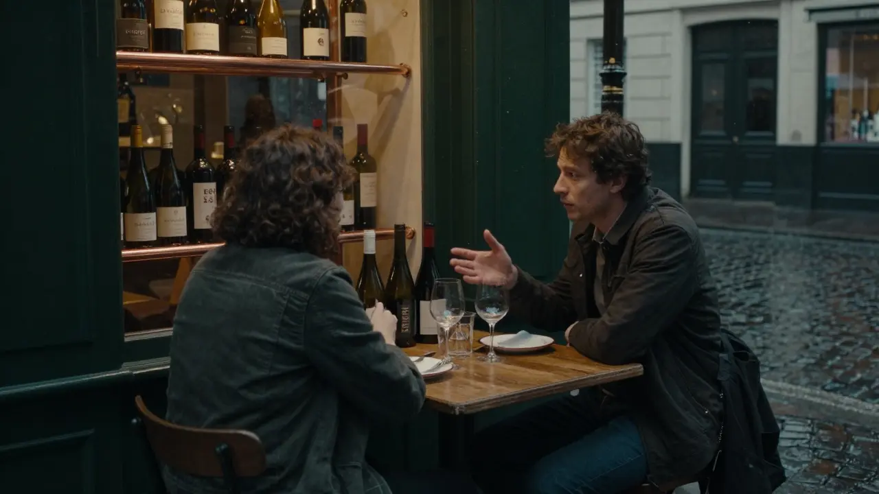 Two people having a quiet wine conversation at a Parisian bar at dusk.
