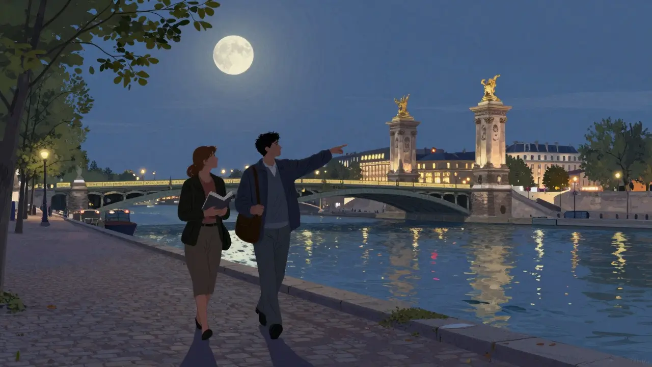 Two people walking peacefully along the Seine at dusk, shadows stretching on cobblestones under moonlight.