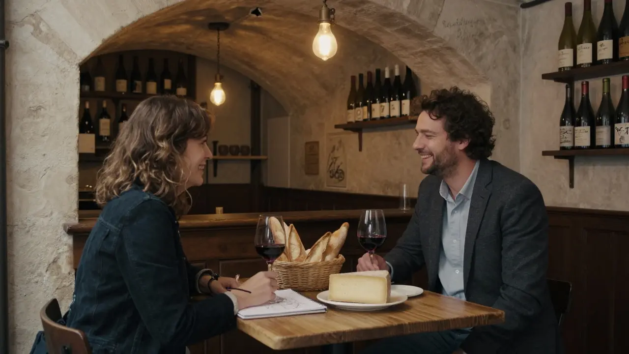 Two strangers sharing wine and cheese at a wooden table in a rustic wine bar under a railway arch.