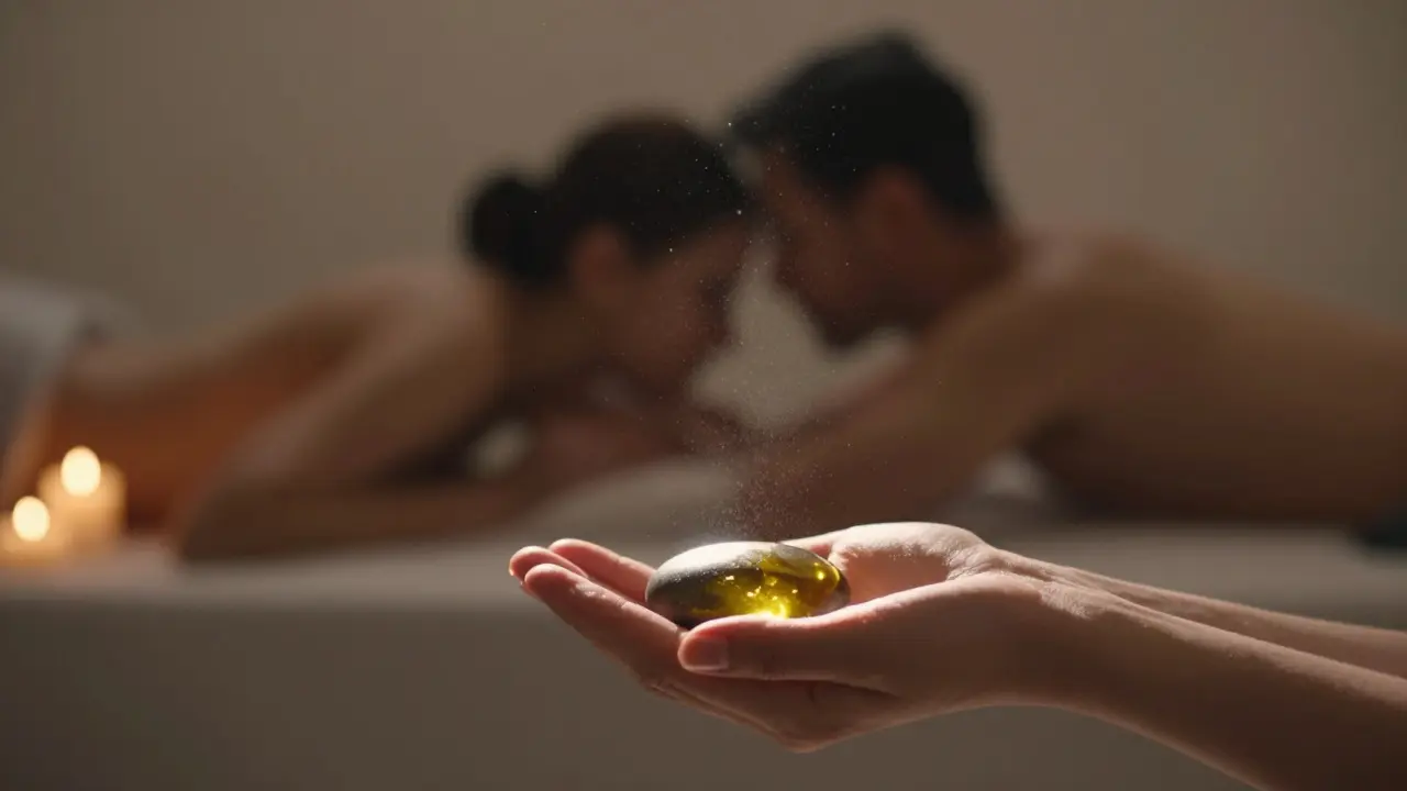 Warm oil stone surrounded by floating light particles, blurred figures in gentle contact, evoking deep relaxation.