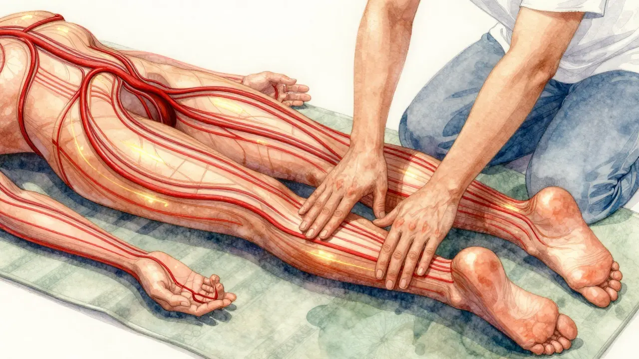 Watercolor illustration of blood flow and energy lines moving through the body during Thai massage.