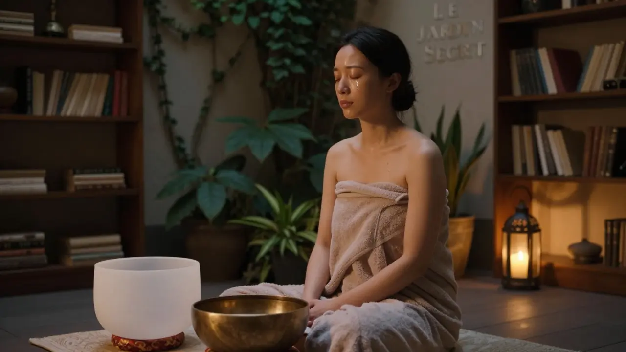 Woman sitting quietly after a massage, wrapped in a towel, in a serene courtyard with soft light.