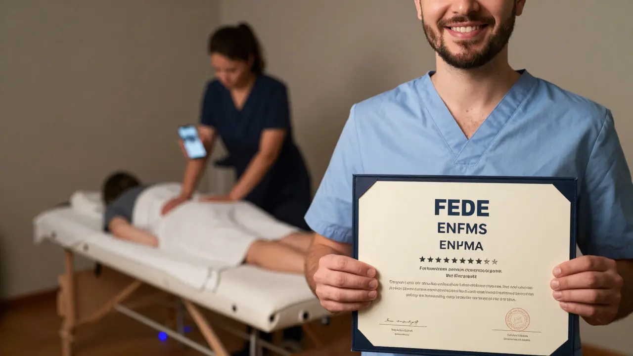 A certified therapist holding a diploma beside a blurred figure with fake reviews, symbolizing trust vs. deception.