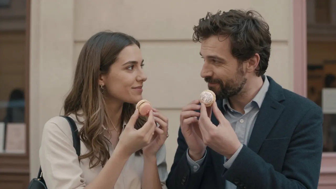 A couple holding delicate macarons in a quiet Parisian pastry shop.