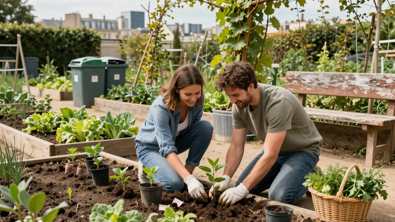 A couple planting seedlings together in a community garden in Paris, surrounded by vegetables and greenery.