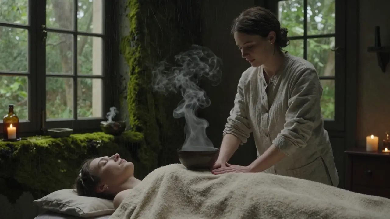 A Forest Bathing Massage takes place in a moss-covered apothecary with warm steam and dim natural light.