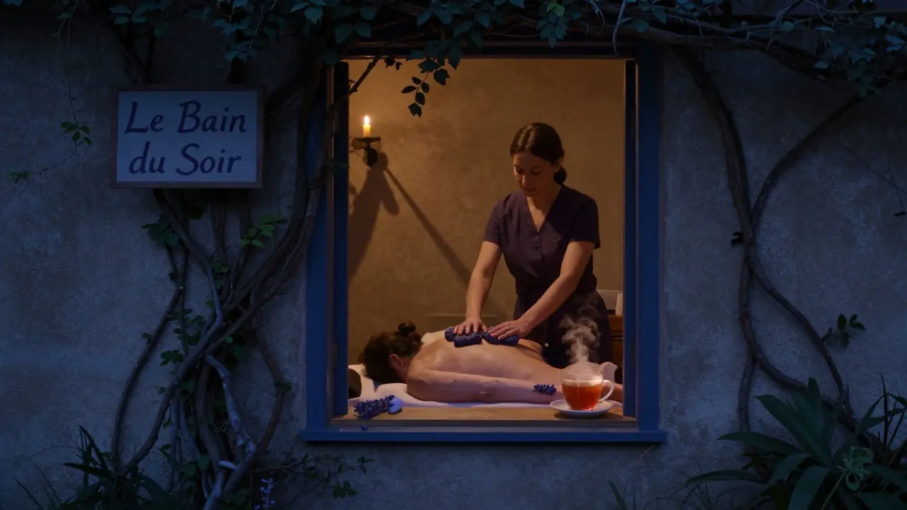A hidden massage studio entrance in Rue des Martyrs at dusk, with vines and candlelight casting a quiet glow.