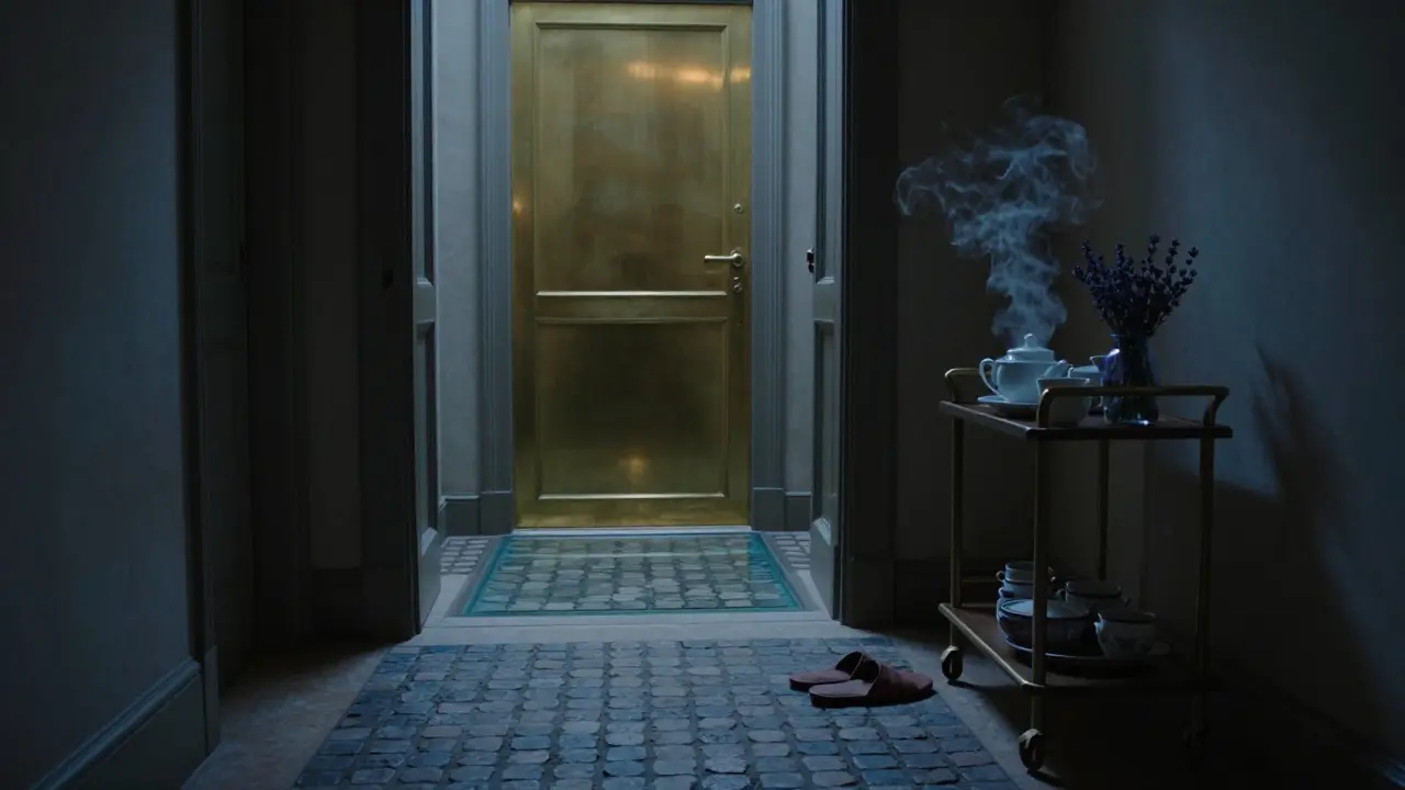 A hidden spa entrance in an old Parisian building, with slippers outside a glowing door and steam rising from tea.