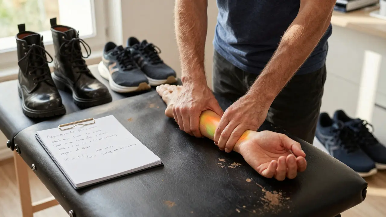 A man's forearm with a heatmap showing improved circulation, beside a leather chair and shoes in a Paris clinic.