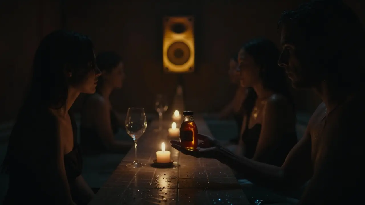 A mysterious private club in Paris where shadows and warmth blend in near-darkness.