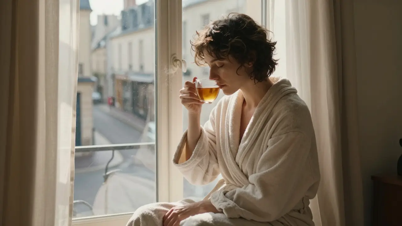 A person sitting peacefully by a window after a massage, wrapped in a robe, enjoying quiet morning light.