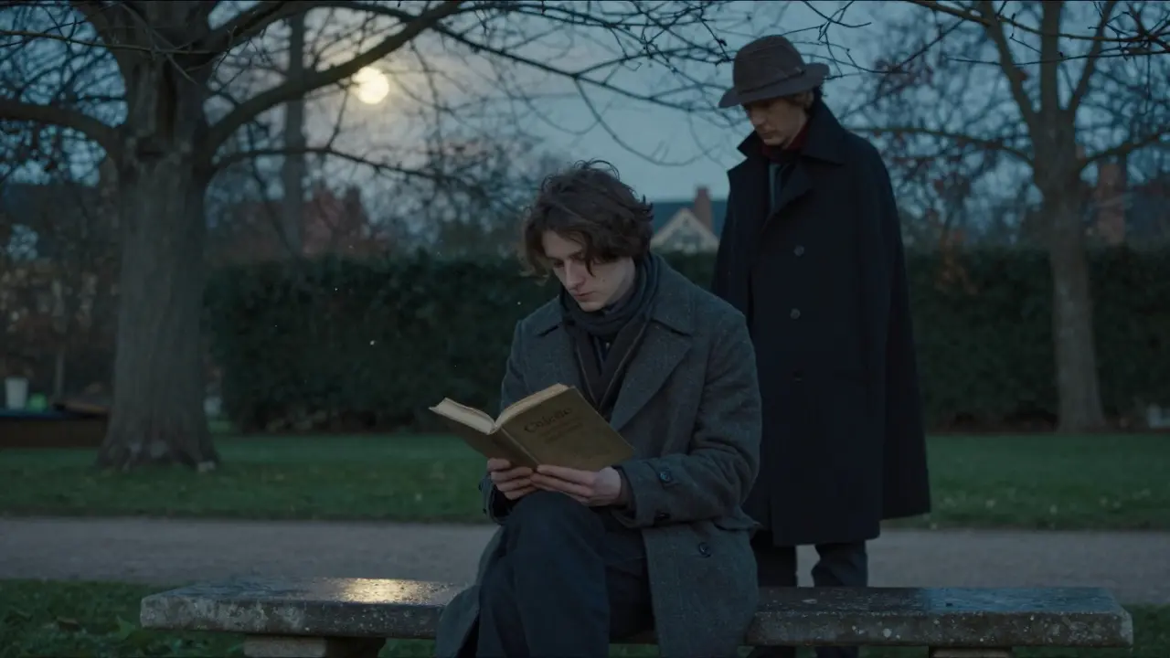 A quiet encounter in Le Jardin des Plantes at dusk, with figures near a bench under moonlight.