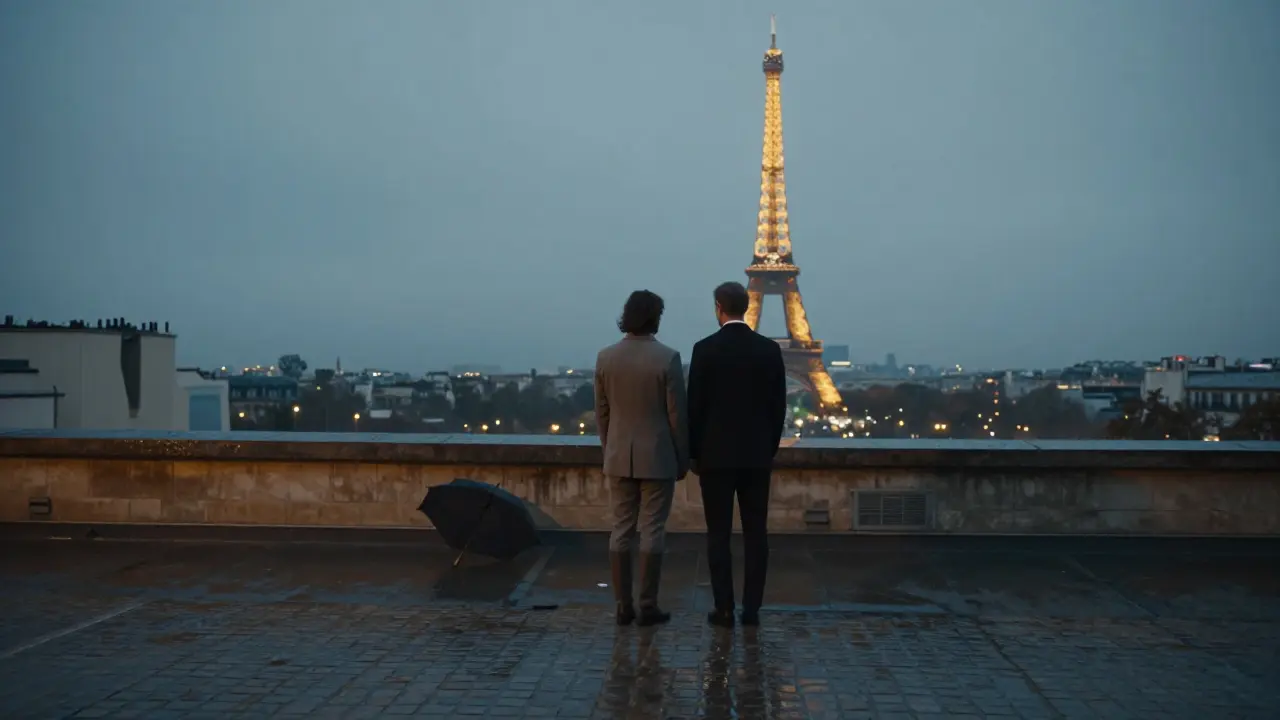 A quiet rooftop wedding at Le Bon Marché, the Eiffel Tower glowing softly in the twilight.