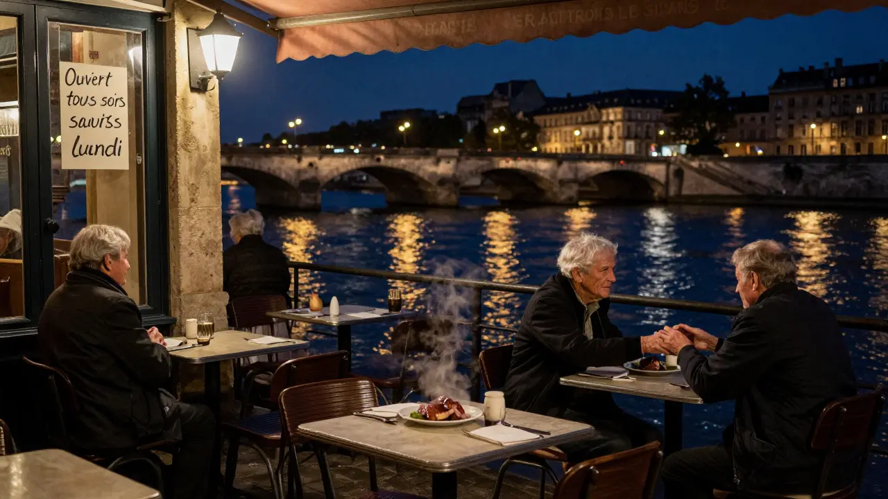 A riverside table at night with golden reflections on the Seine, an elderly couple enjoying duck as bridge lights glow behind them.