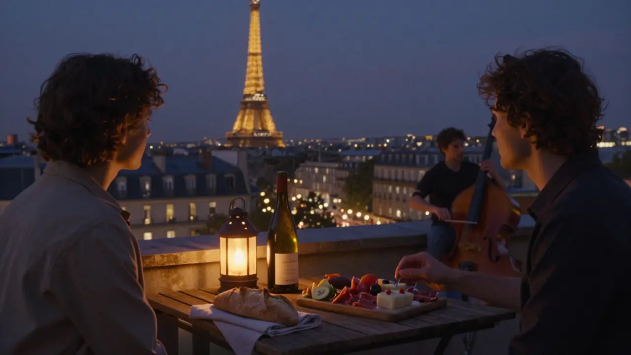 A rooftop terrace in the Marais at twilight, with the Eiffel Tower sparkling in the distance as two people share wine and bread.