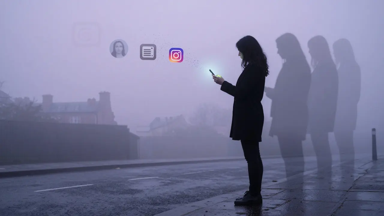 A silhouette releasing digital fragments into foggy Montmartre dawn, symbolizing online invisibility and control.