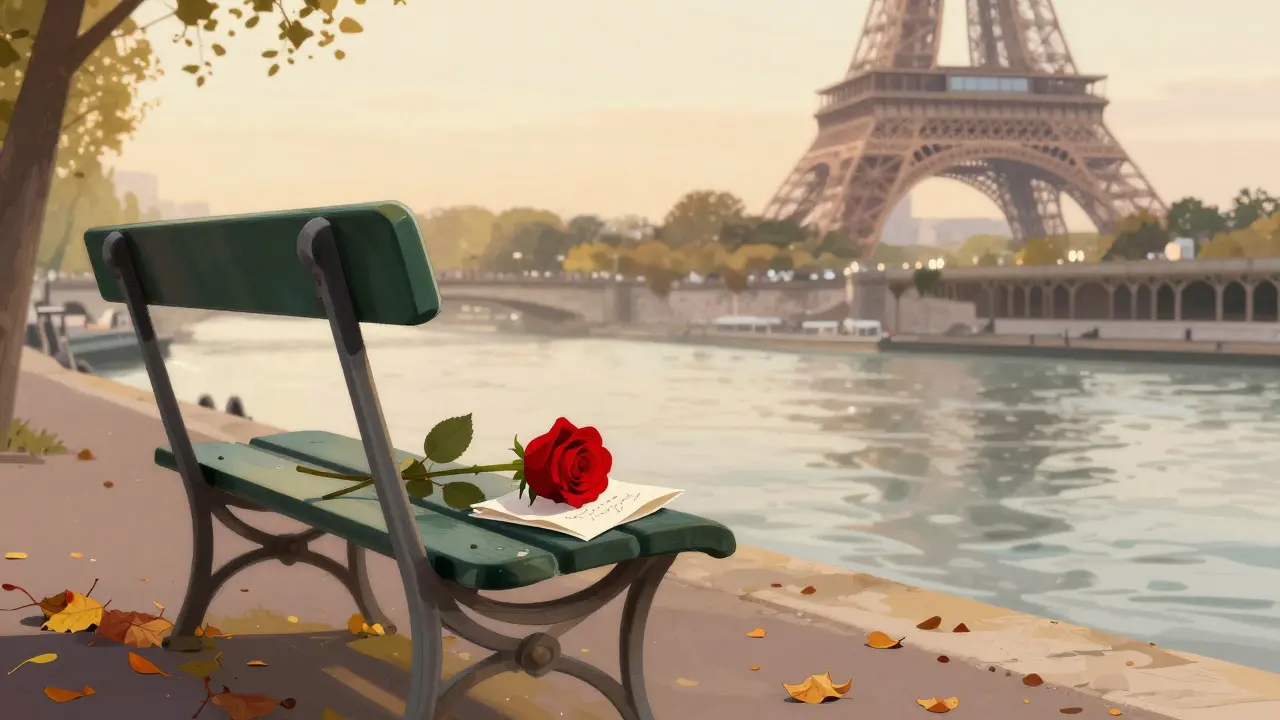 A single red rose and folded napkin on a riverside bench in Paris, golden hour light, no people present.