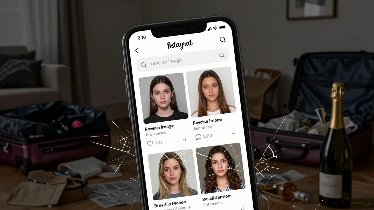 A smartphone shows a fake escort profile with stolen photos, revealed by reverse image search results.
