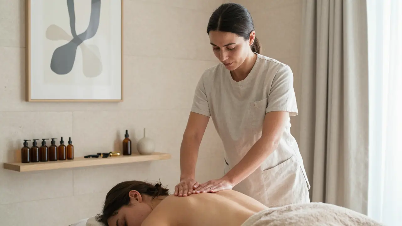 A therapist performing a rhythmic French massage using organic oils, in a serene, minimalist studio with natural light.