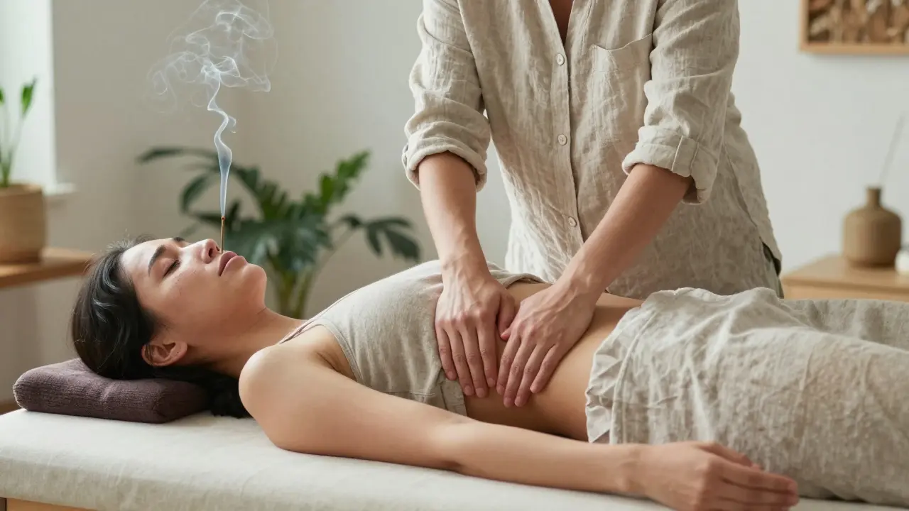 A therapist providing a gentle, non-sexual pelvic massage to a woman in a calm, natural-light studio.