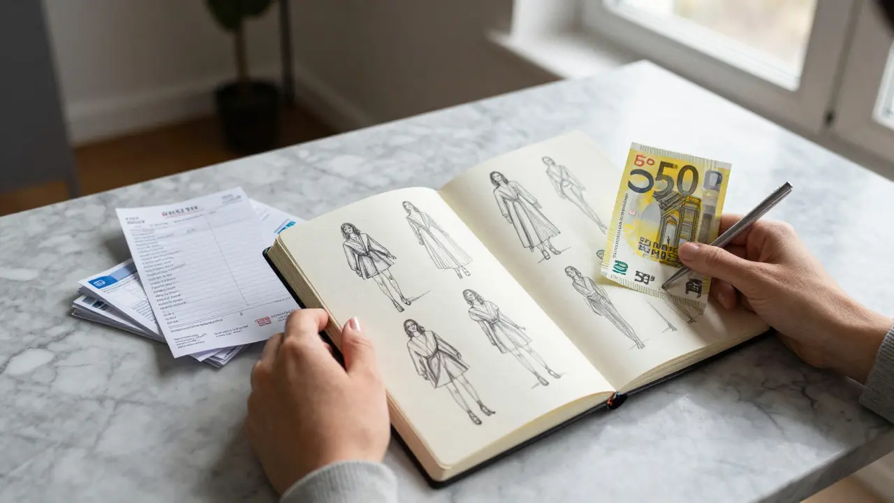 A woman's hand holds a sketchbook of fashion designs beside rent receipts and a banknote in a modest apartment.