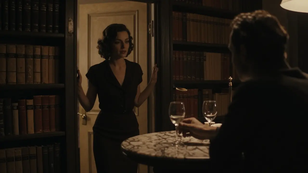 A woman entering a hidden wine bar through a bookshelf, dim lighting, no faces visible, air of secrecy.