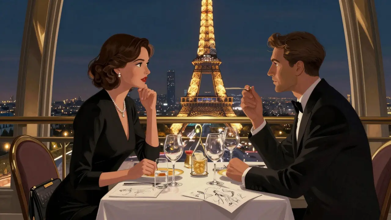 A woman in a tailored dress shares a quiet dinner with a client atop the Eiffel Tower, Paris glowing behind them.