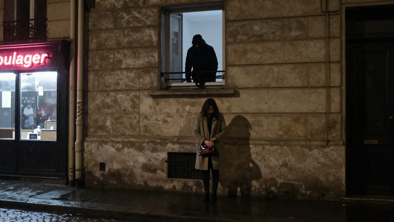 A woman waits alone outside a dark Parisian apartment building under rainy night lights.